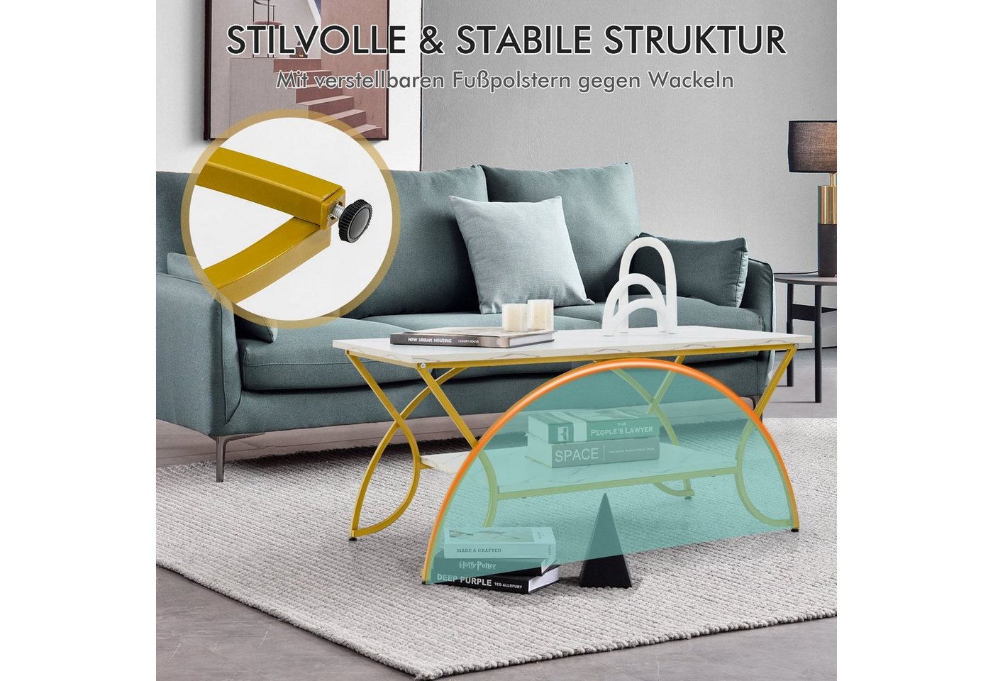COSTWAY Couchtisch Marmor, mit Ablage & goldenem Metallbeinen, 100x50x45cm – Bild 3 von 5