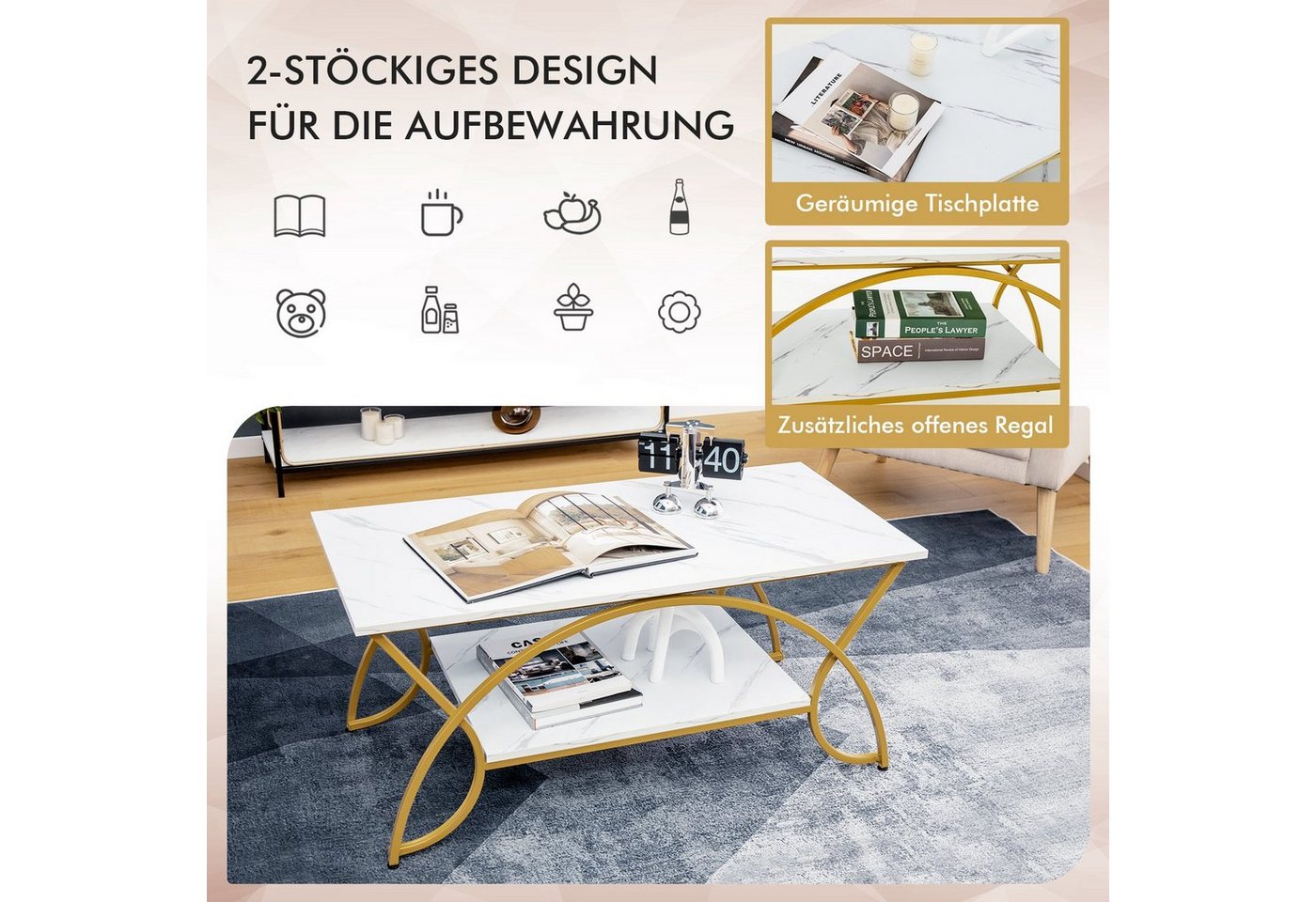 COSTWAY Couchtisch Marmor, mit Ablage & goldenem Metallbeinen, 100x50x45cm – Bild 4 von 5