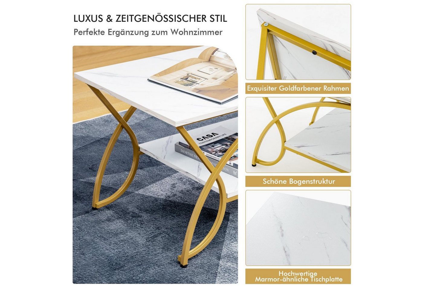 COSTWAY Couchtisch Marmor, mit Ablage & goldenem Metallbeinen, 100x50x45cm – Bild 5 von 5