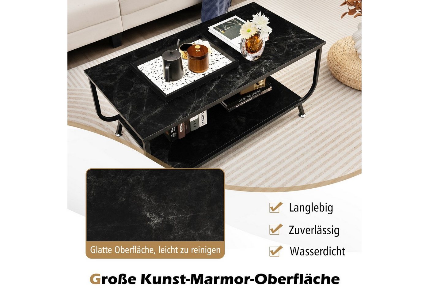 COSTWAY Couchtisch Marmor, rechteckig, mit Stauraum, schwarzer Wohnzimmertisch – Bild 2 von 5