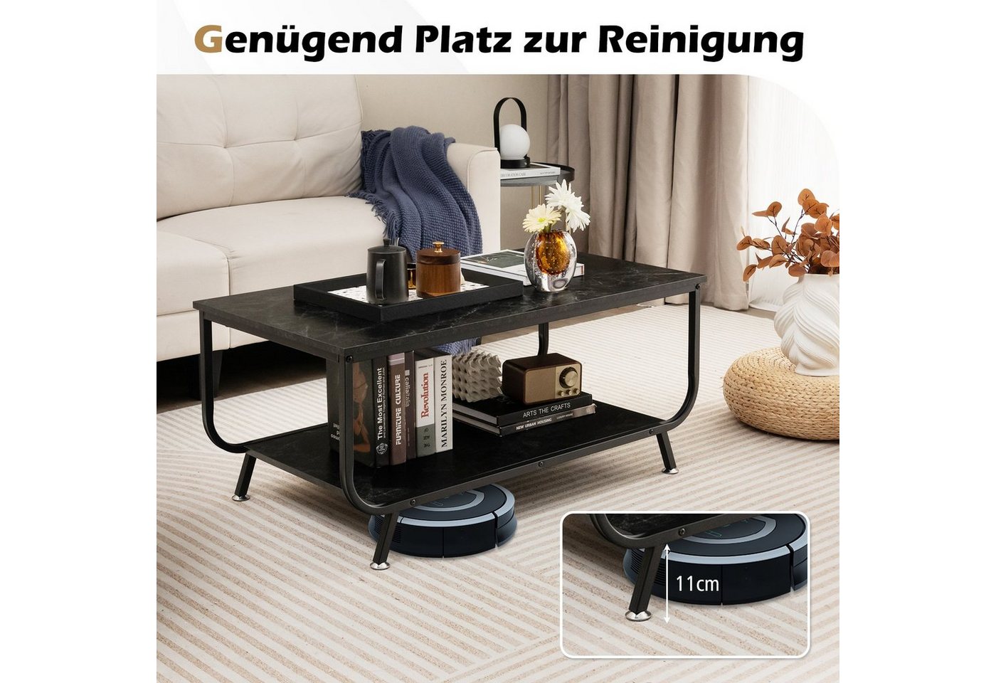 COSTWAY Couchtisch Marmor, rechteckig, mit Stauraum, schwarzer Wohnzimmertisch – Bild 3 von 5