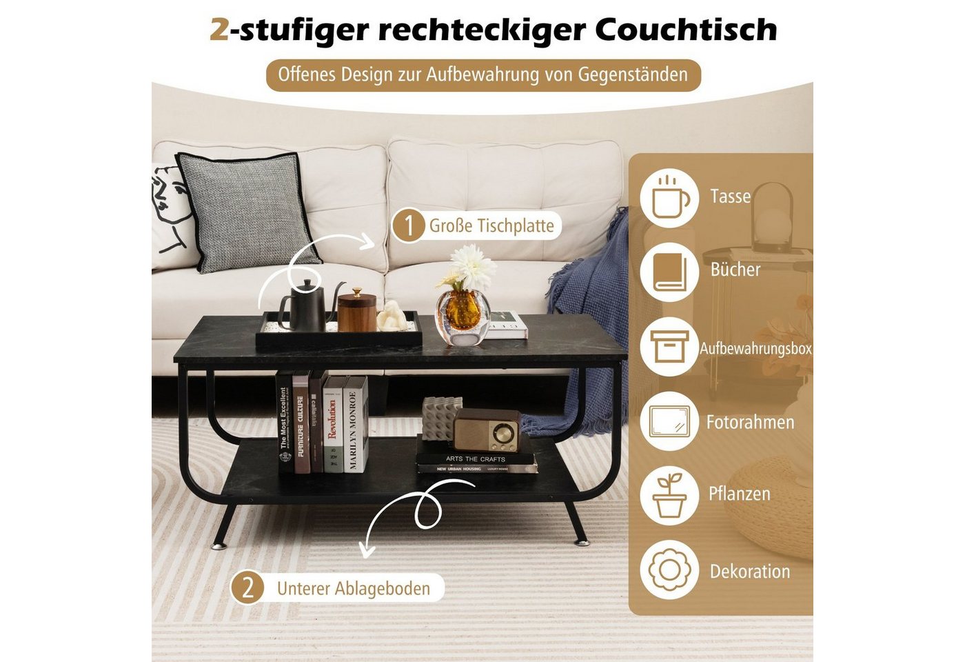 COSTWAY Couchtisch Marmor, rechteckig, mit Stauraum, schwarzer Wohnzimmertisch – Bild 4 von 5