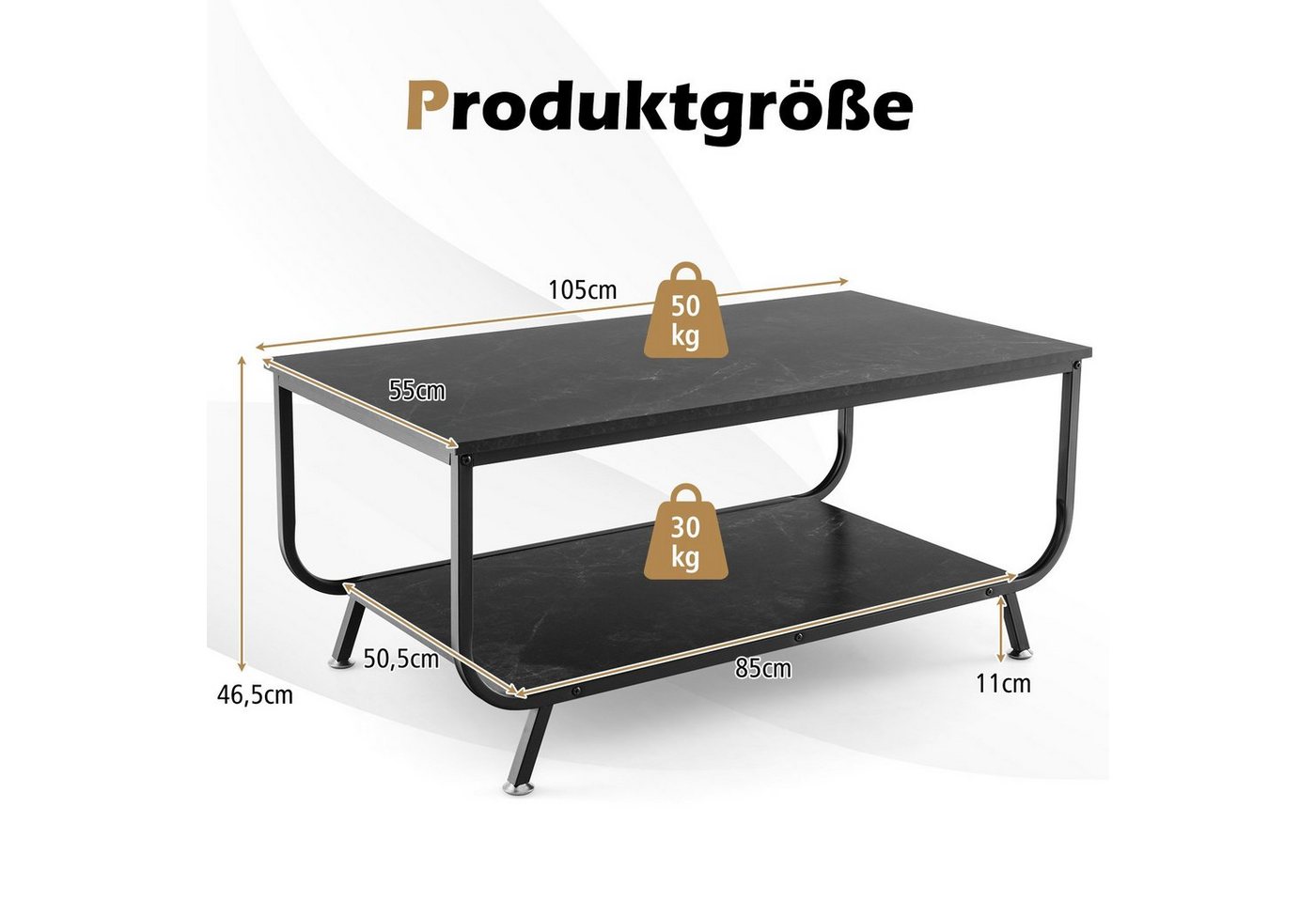 COSTWAY Couchtisch Marmor, rechteckig, mit Stauraum, schwarzer Wohnzimmertisch – Bild 5 von 5