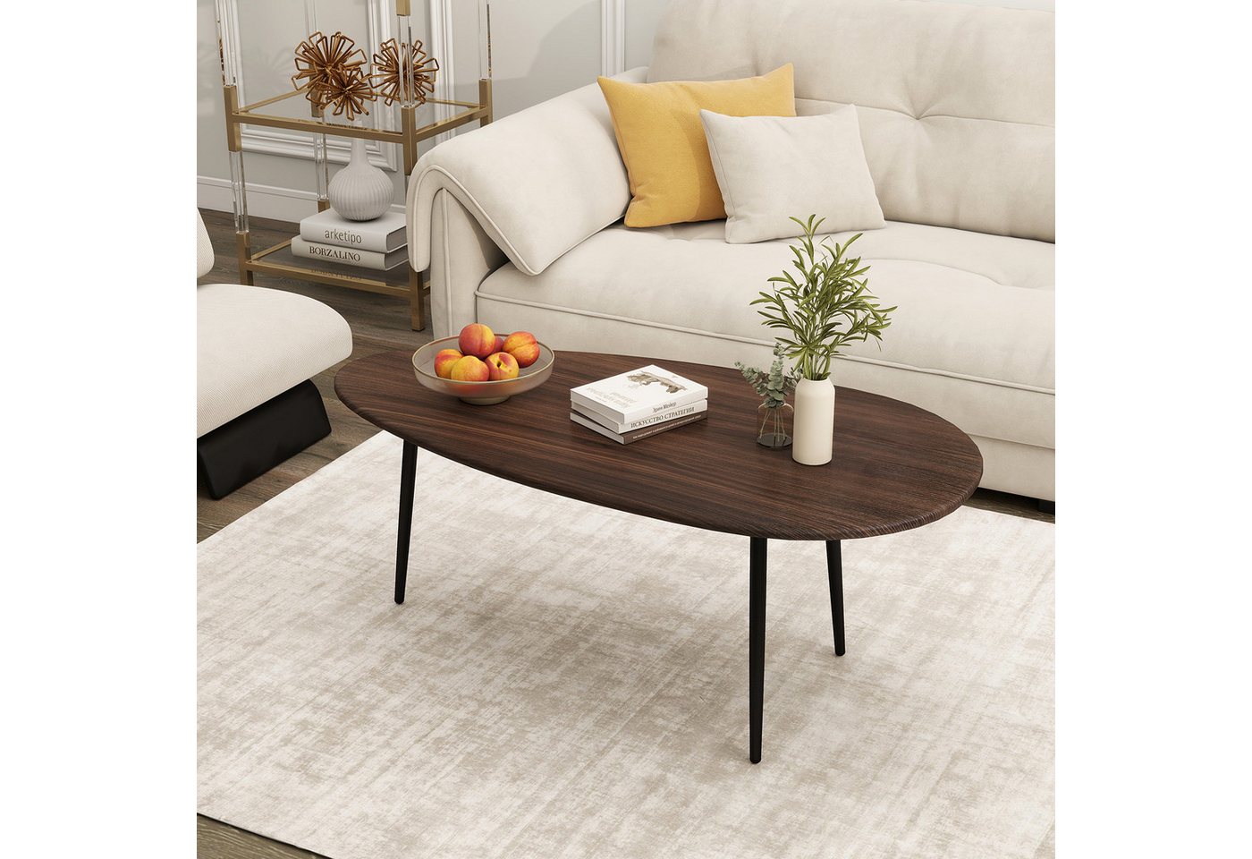 COSTWAY Couchtisch, Wohnzimmertisch oval, mit stabiler Metallkonstruktion – Bild 2 von 5