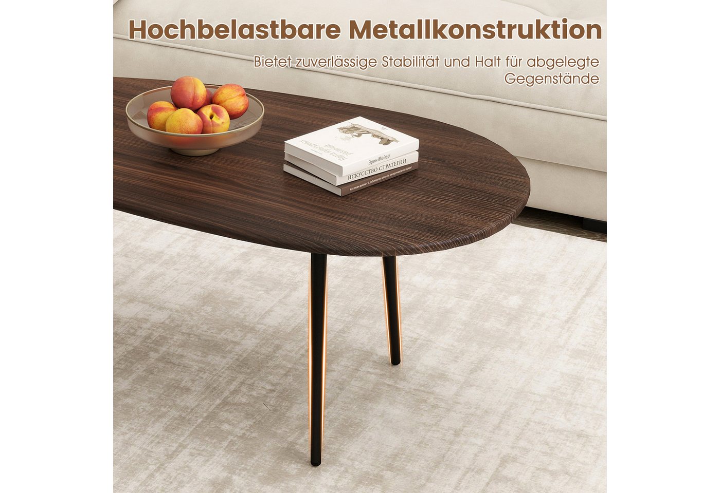 COSTWAY Couchtisch, Wohnzimmertisch oval, mit stabiler Metallkonstruktion – Bild 4 von 5