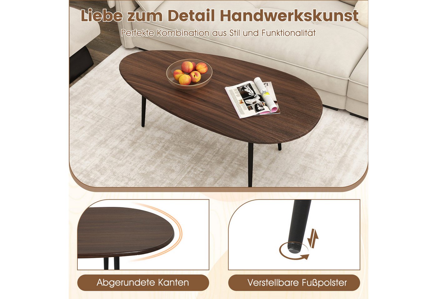 COSTWAY Couchtisch, Wohnzimmertisch oval, mit stabiler Metallkonstruktion – Bild 5 von 5