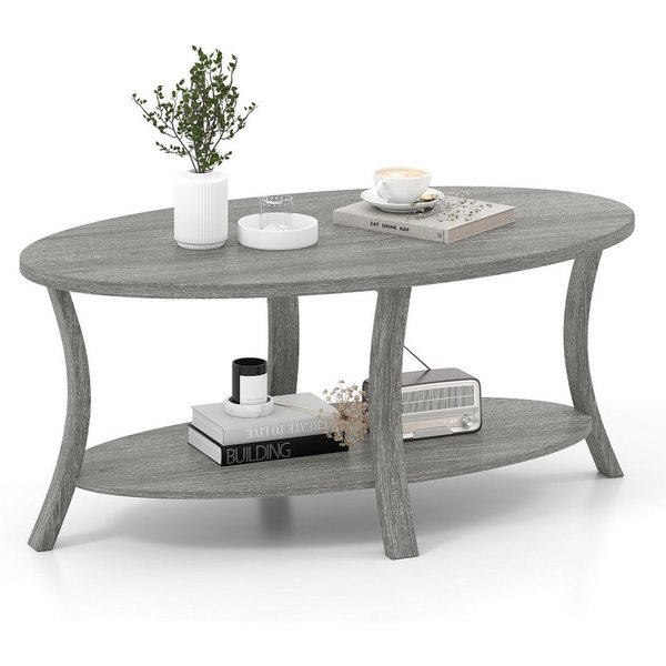 COSTWAY Couchtisch Wohnzimmertisch oval mit Ablage, Holz