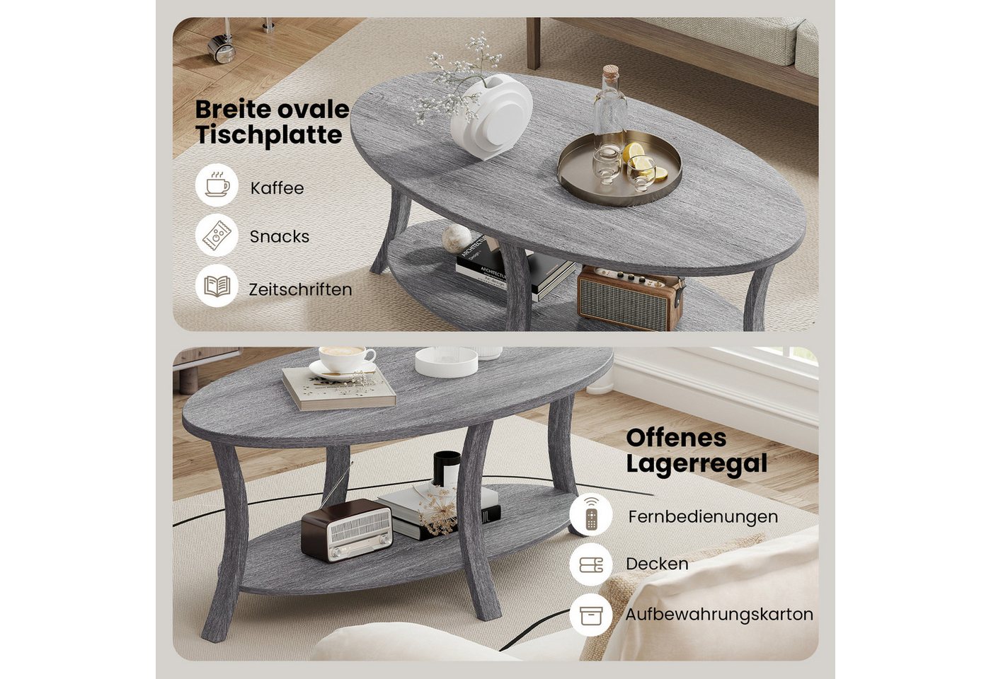 COSTWAY Couchtisch Wohnzimmertisch oval mit Ablage, Holz – Bild 3 von 5