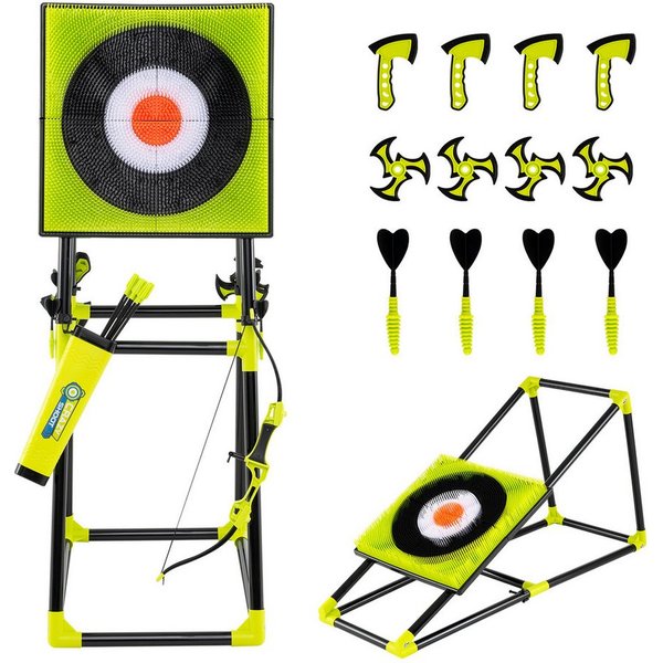 COSTWAY Dartscheibe, 4 in 1 Axt Wurfspiel Set mit Bogen, Zielscheibe, Pfeilen