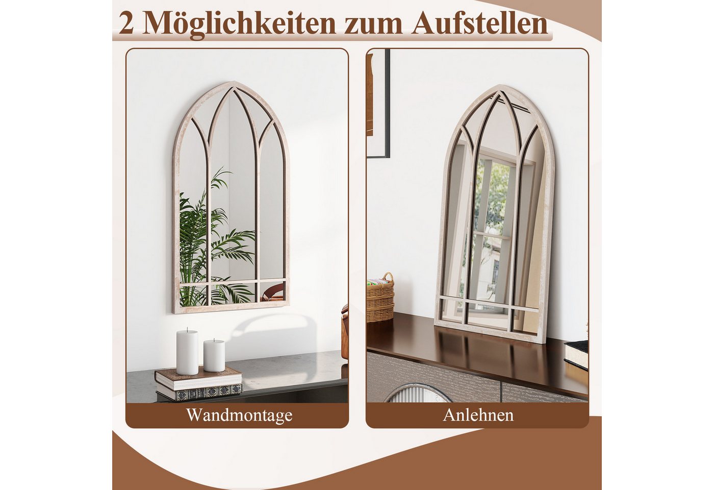 COSTWAY Dekospiegel, Farmhouse Fensterrahmen Spiegel, gewölbter Wandspiegel – Bild 3 von 5