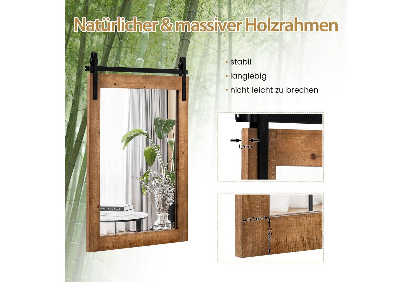 COSTWAY Dekospiegel, mit Holzrahmen und Metallhalterung, 76,5x56cm – Bild 3 von 5