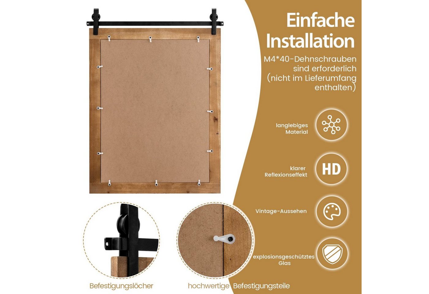 COSTWAY Dekospiegel, mit Holzrahmen und Metallhalterung, 76,5x56cm – Bild 4 von 5