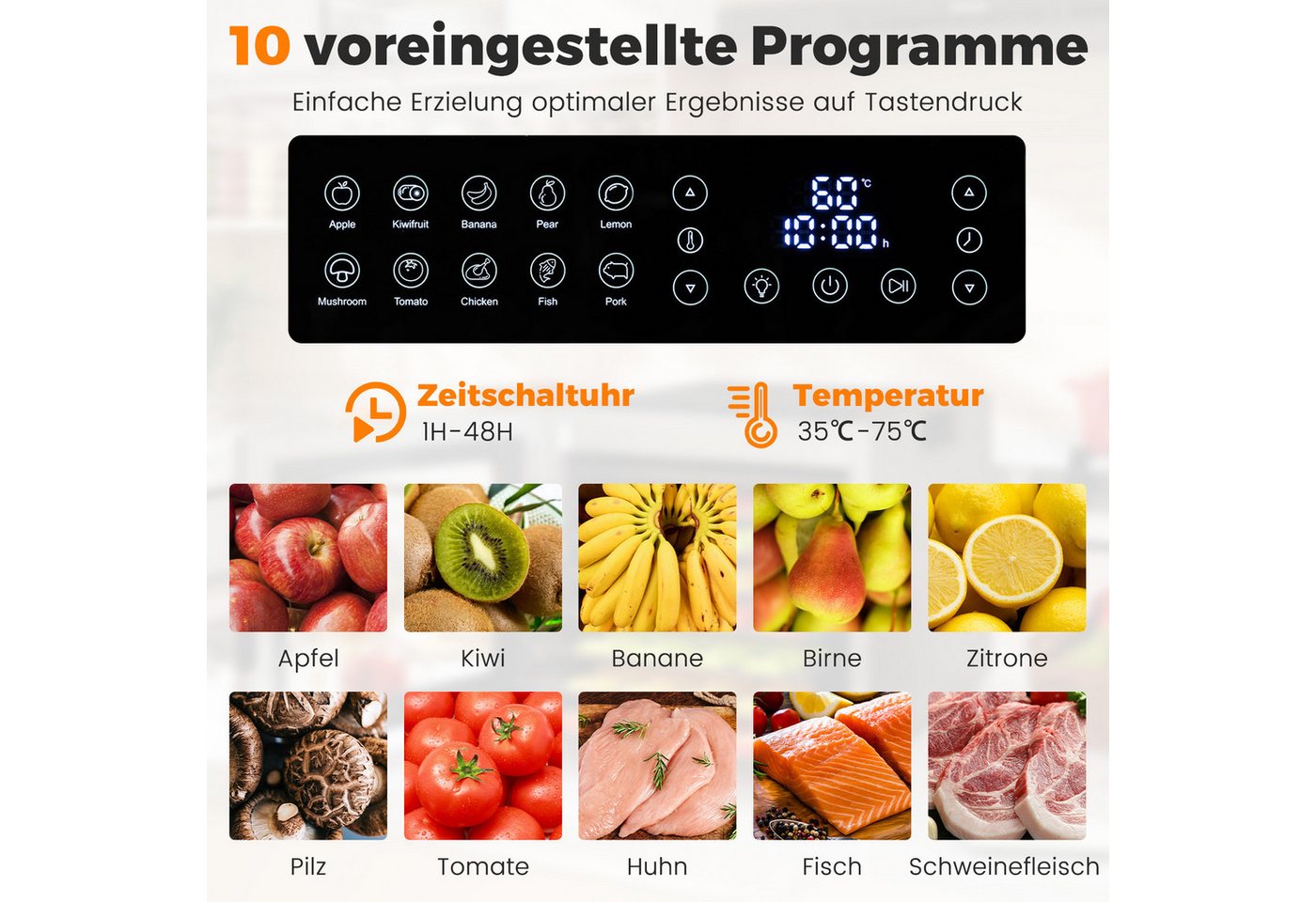 COSTWAY Dörrautomat 850 W, 8 Etagen, Dörrgerät mit 48H Timer, 10 Programmen – Bild 3 von 5