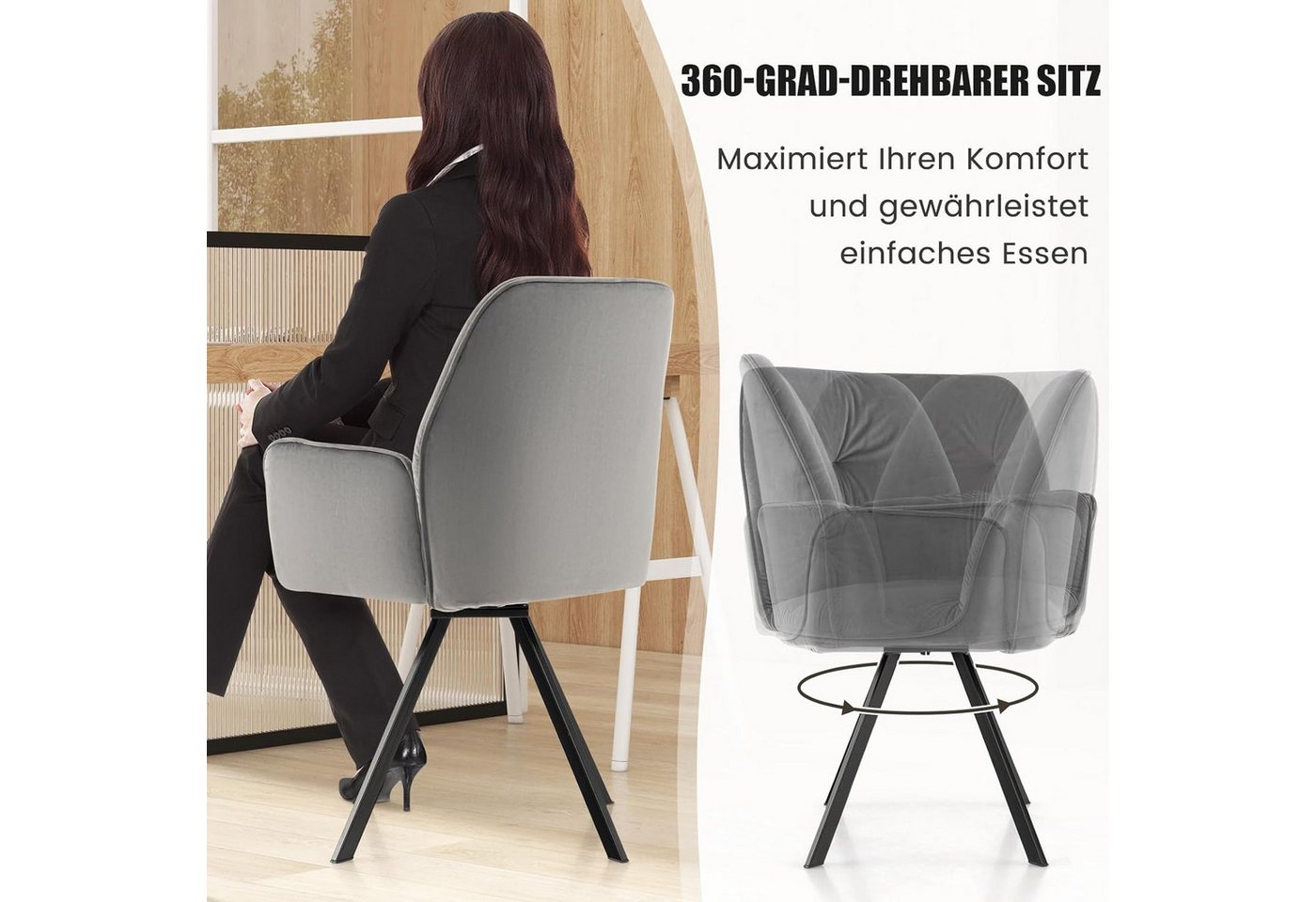 COSTWAY Drehstuhl (2er Set), Samt,mit Armlehne,360° drehbar,Metall 150kg – Bild 2 von 5