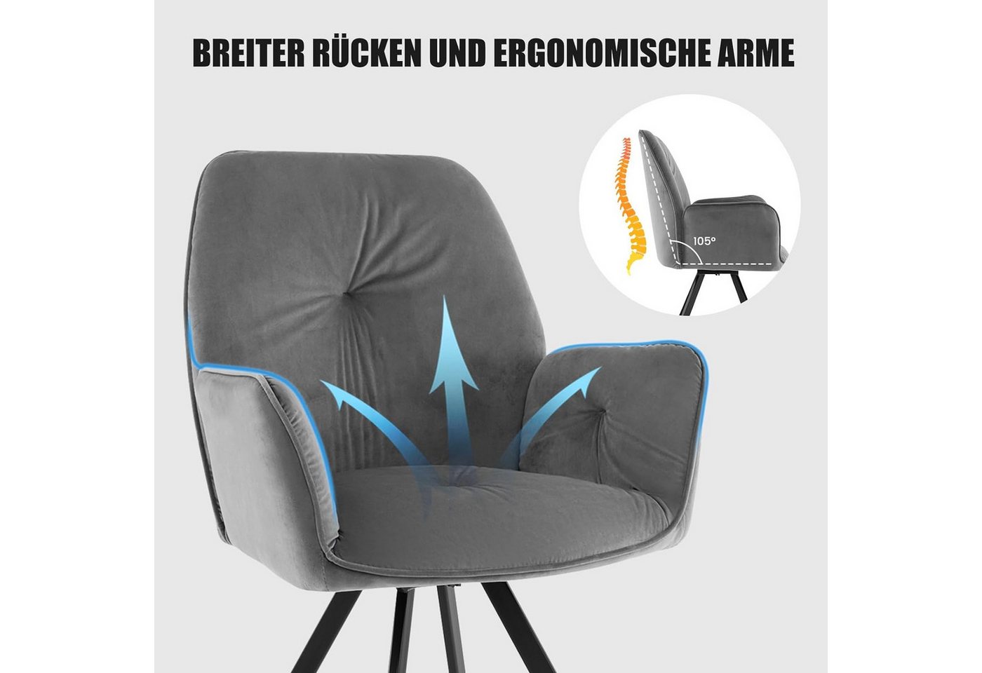 COSTWAY Drehstuhl (2er Set), Samt,mit Armlehne,360° drehbar,Metall 150kg – Bild 3 von 5