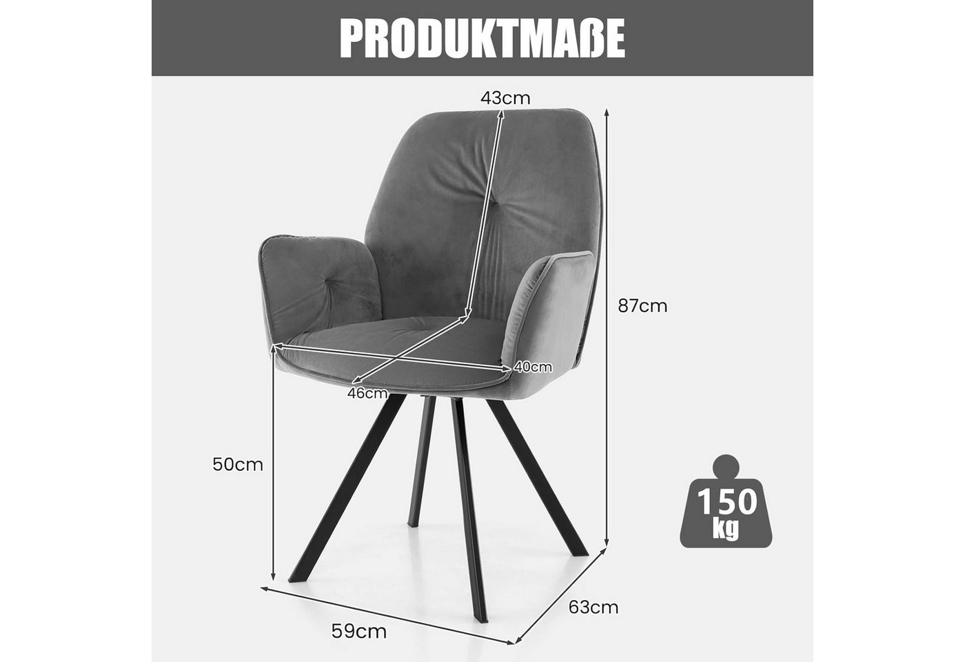 COSTWAY Drehstuhl (2er Set), Samt,mit Armlehne,360° drehbar,Metall 150kg – Bild 5 von 5