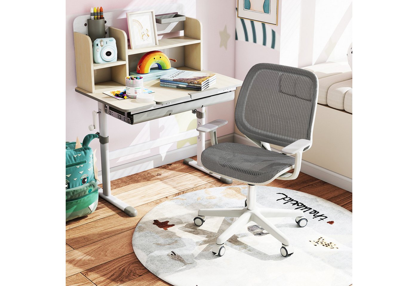 COSTWAY Drehstuhl Kinderstuhl, 43-55cm höhenverstellbar, mit Rollen 360° drehbar – Bild 2 von 5