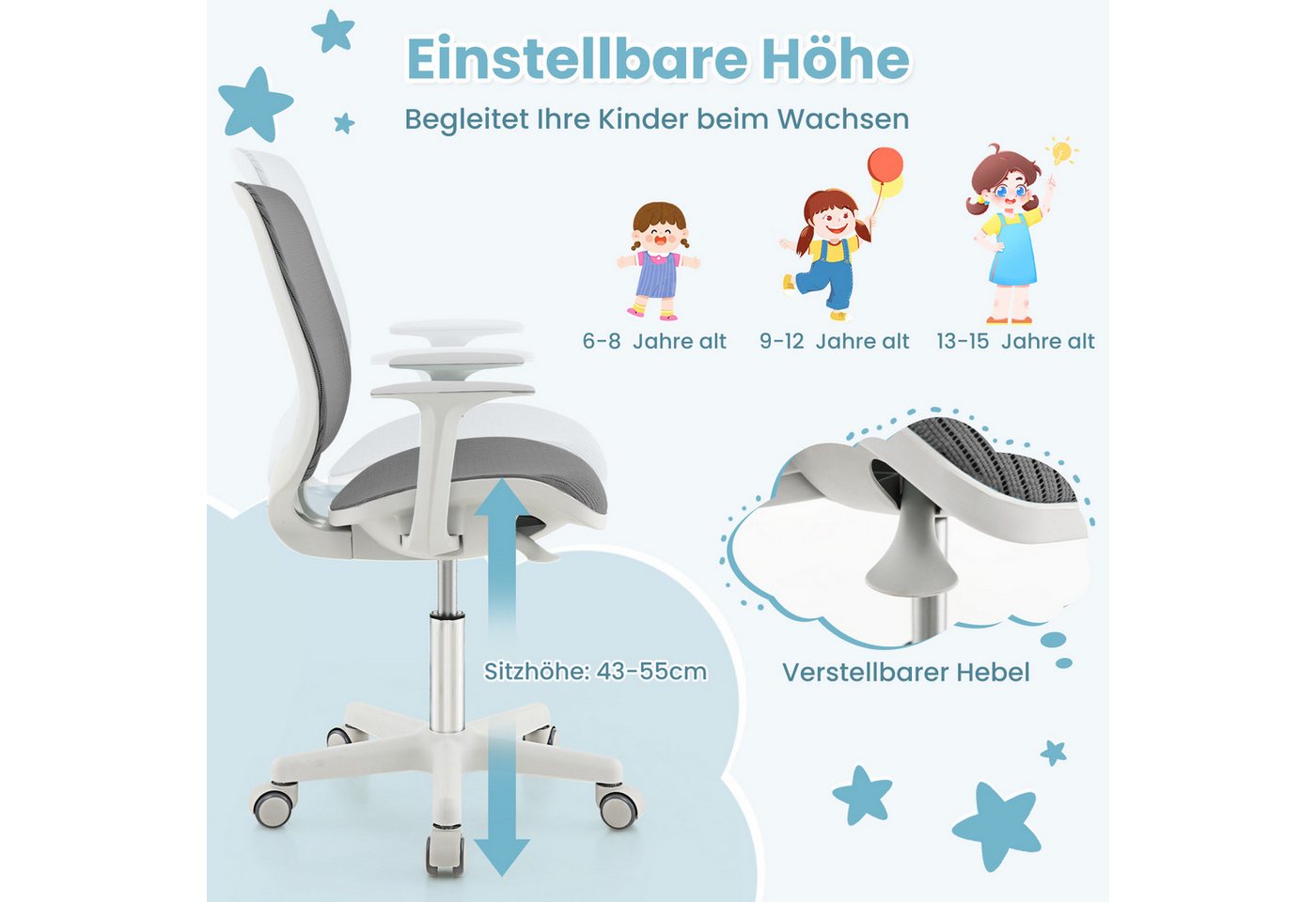 COSTWAY Drehstuhl Kinderstuhl, 43-55cm höhenverstellbar, mit Rollen 360° drehbar – Bild 4 von 5