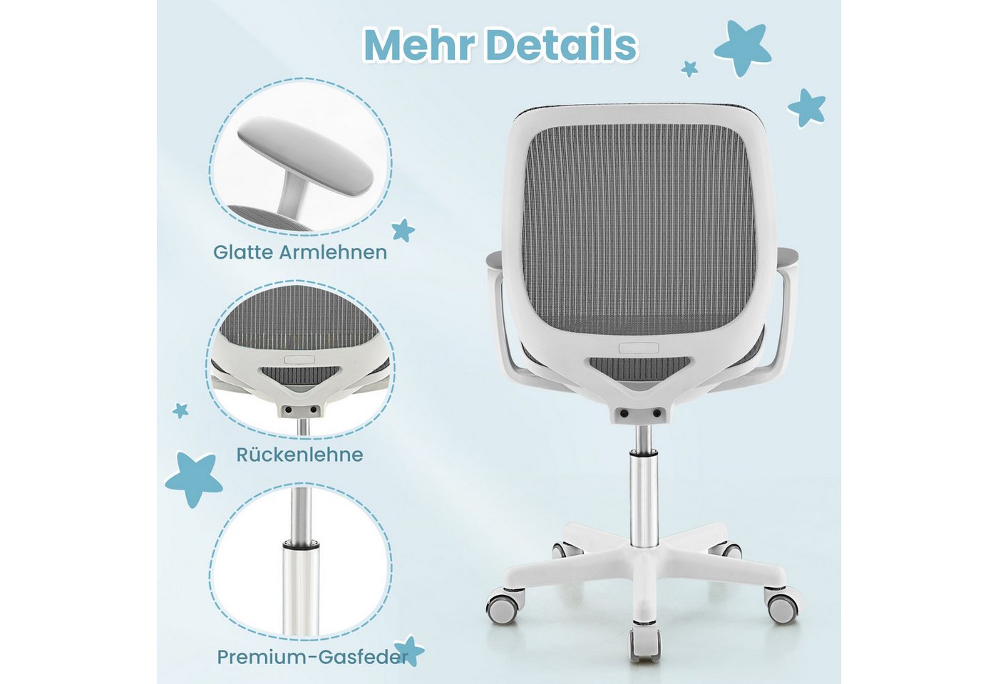 COSTWAY Drehstuhl Kinderstuhl, 43-55cm höhenverstellbar, mit Rollen 360° drehbar – Bild 5 von 5