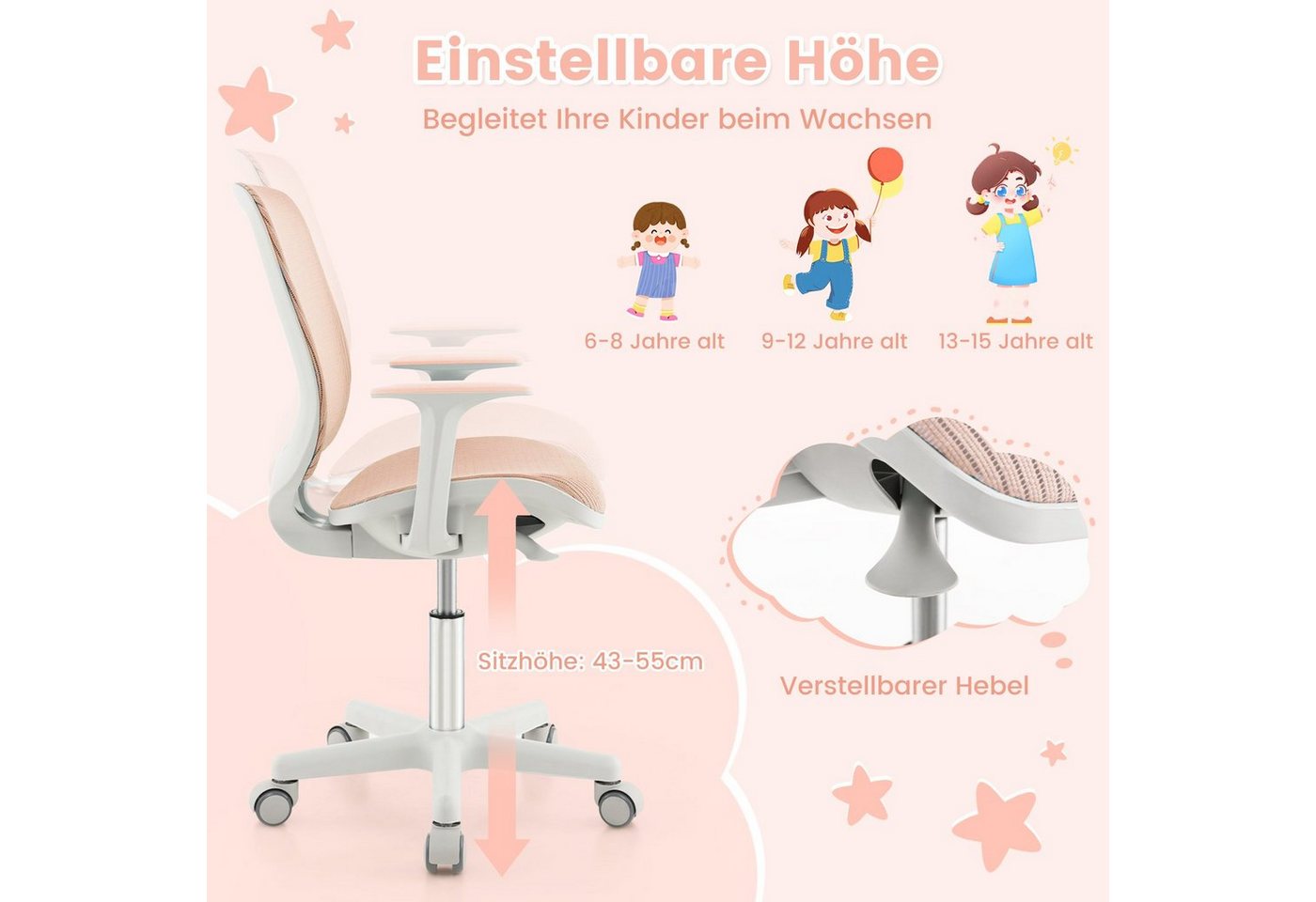 COSTWAY Drehstuhl Kinderstuhl, 43-55cm höhenverstellbar, mit Rollen 360° drehbar – Bild 2 von 5