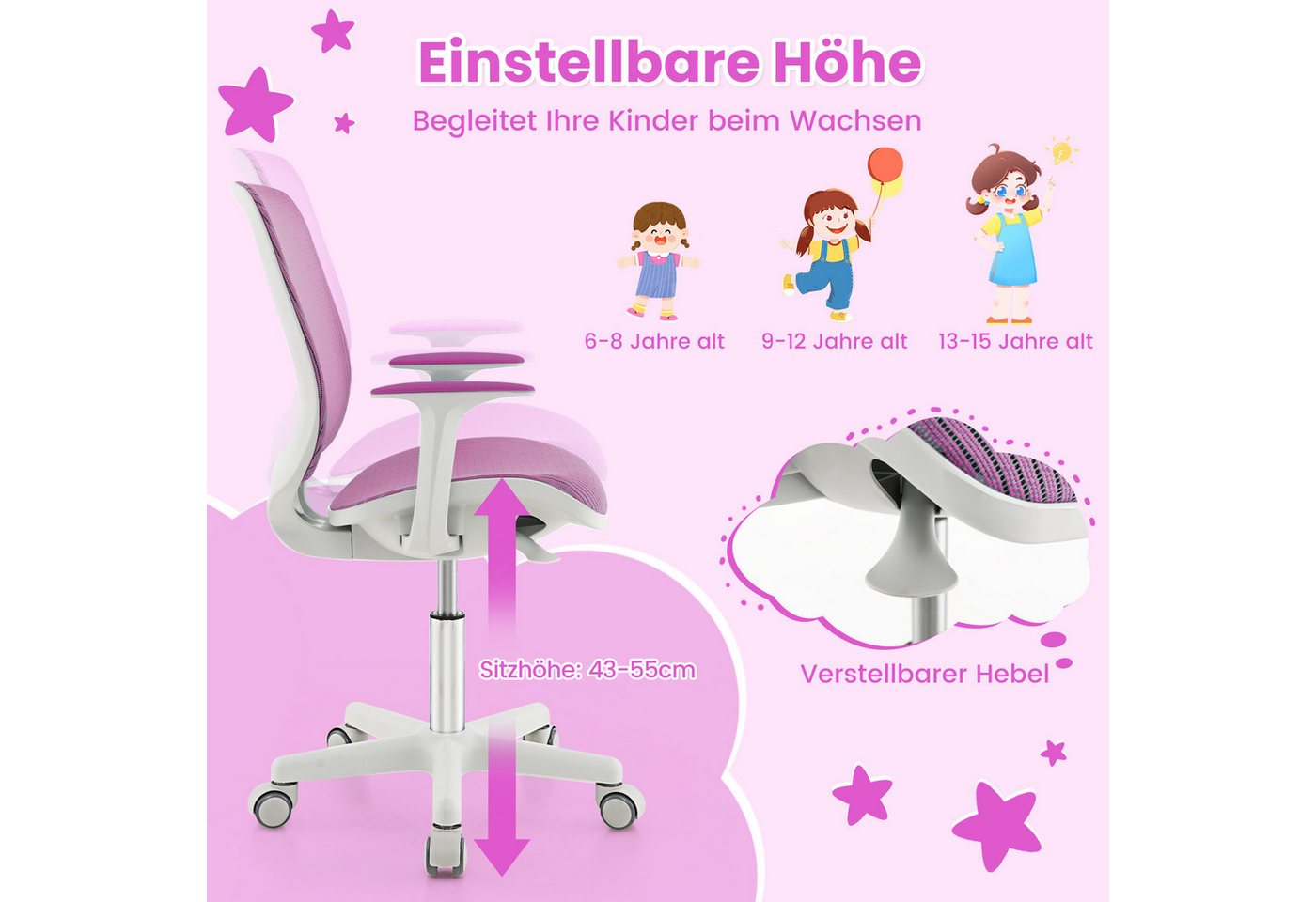 COSTWAY Drehstuhl Kinderstuhl, 43-55cm höhenverstellbar, mit Rollen 360° drehbar – Bild 2 von 5