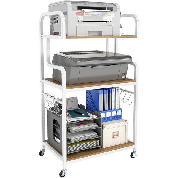 COSTWAY Druckertisch, Druckerständer mit Rollen, 3 offenen Ablagen & 10 Haken