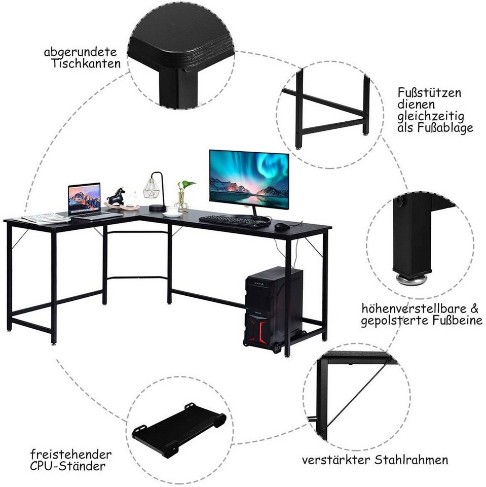 COSTWAY Eckschreibtisch, mit CPU-Ständer, L-Form, 168 x 125 x 74 cm – Bild 5 von 5