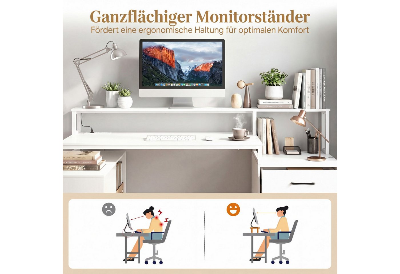 COSTWAY Eckschreibtisch, L-förmiger Schreibtisch mit Steckdosen & Schubladen – Bild 4 von 5