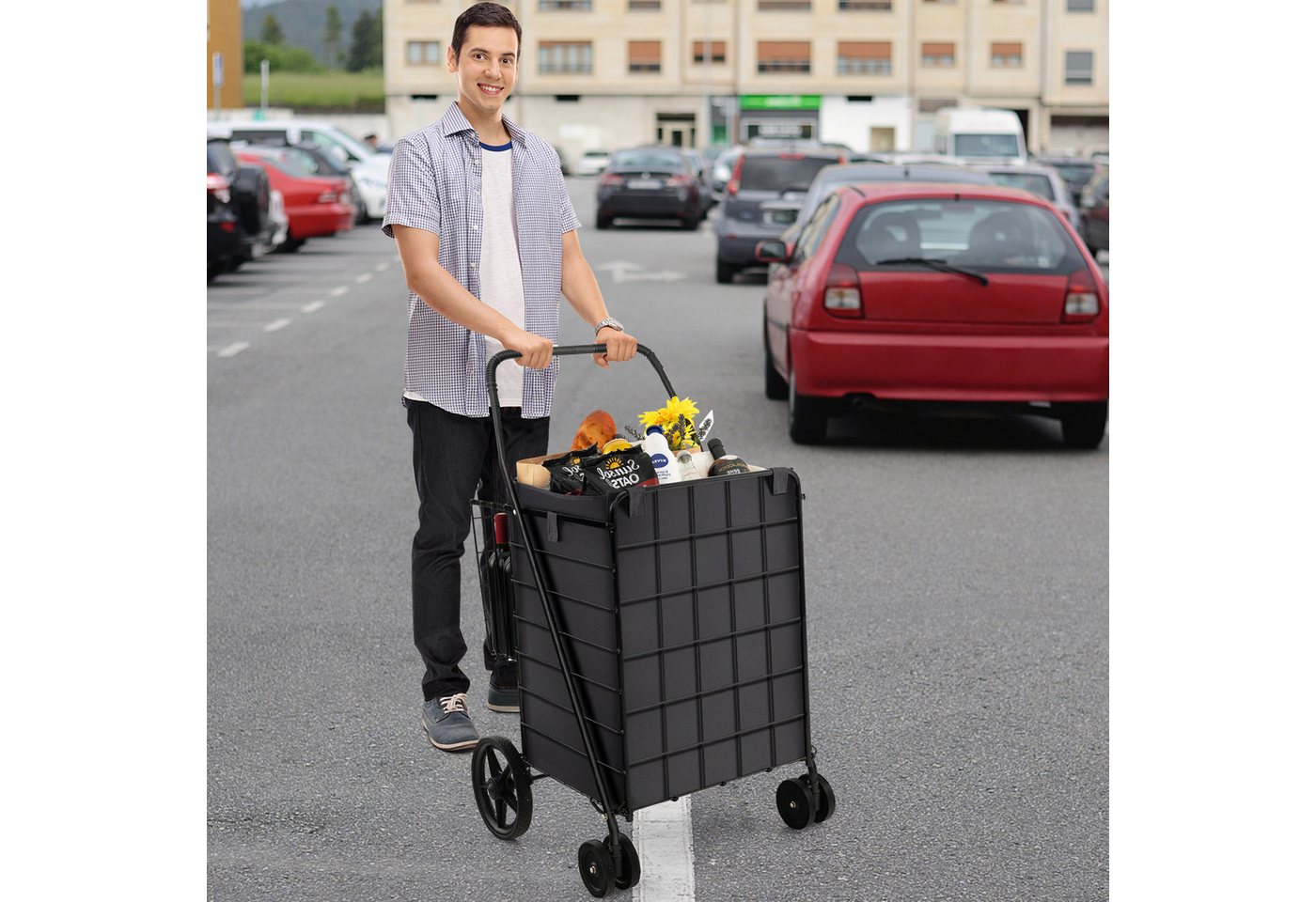 COSTWAY Einkaufstrolley, 120L mit abnehmbarer Tasche & 2 Körben klappbar – Bild 2 von 5