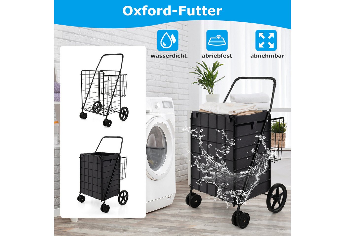 COSTWAY Einkaufstrolley, 120L mit abnehmbarer Tasche & 2 Körben klappbar – Bild 3 von 5