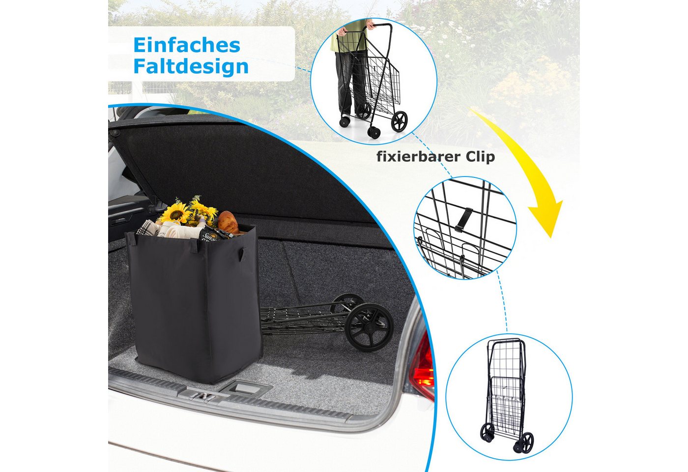 COSTWAY Einkaufstrolley, 120L mit abnehmbarer Tasche & 2 Körben klappbar – Bild 4 von 5