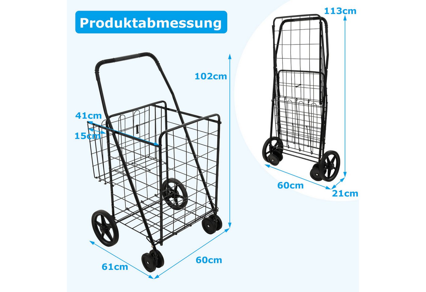 COSTWAY Einkaufstrolley, 120L mit abnehmbarer Tasche & 2 Körben klappbar – Bild 5 von 5