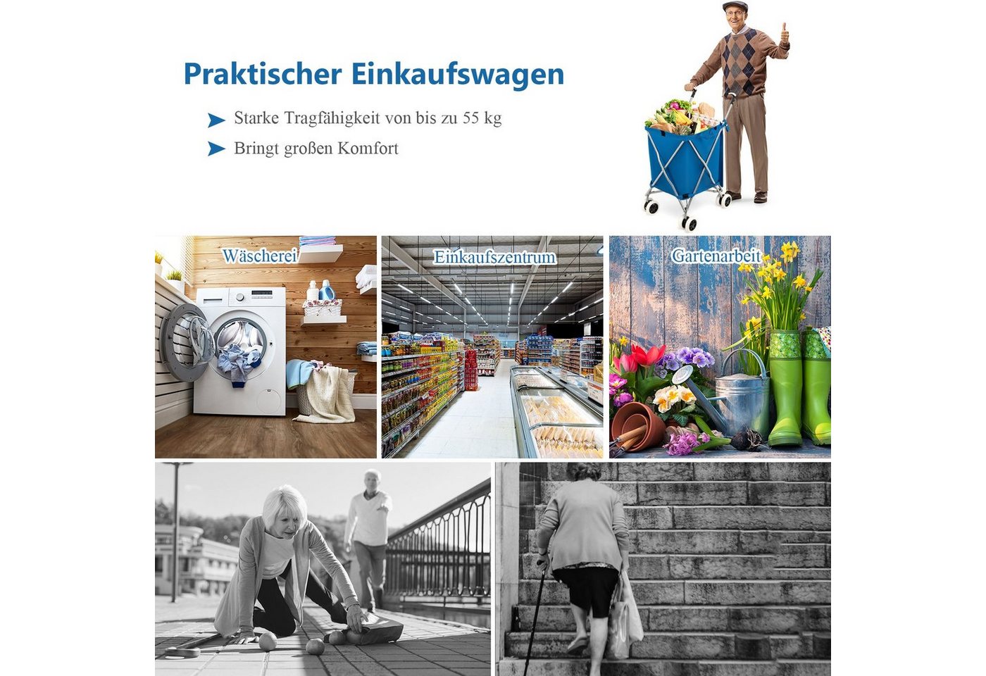 COSTWAY Einkaufstrolley, 90 l, bis 55 kg, mit Rädern & Griff, klappbar – Bild 3 von 5