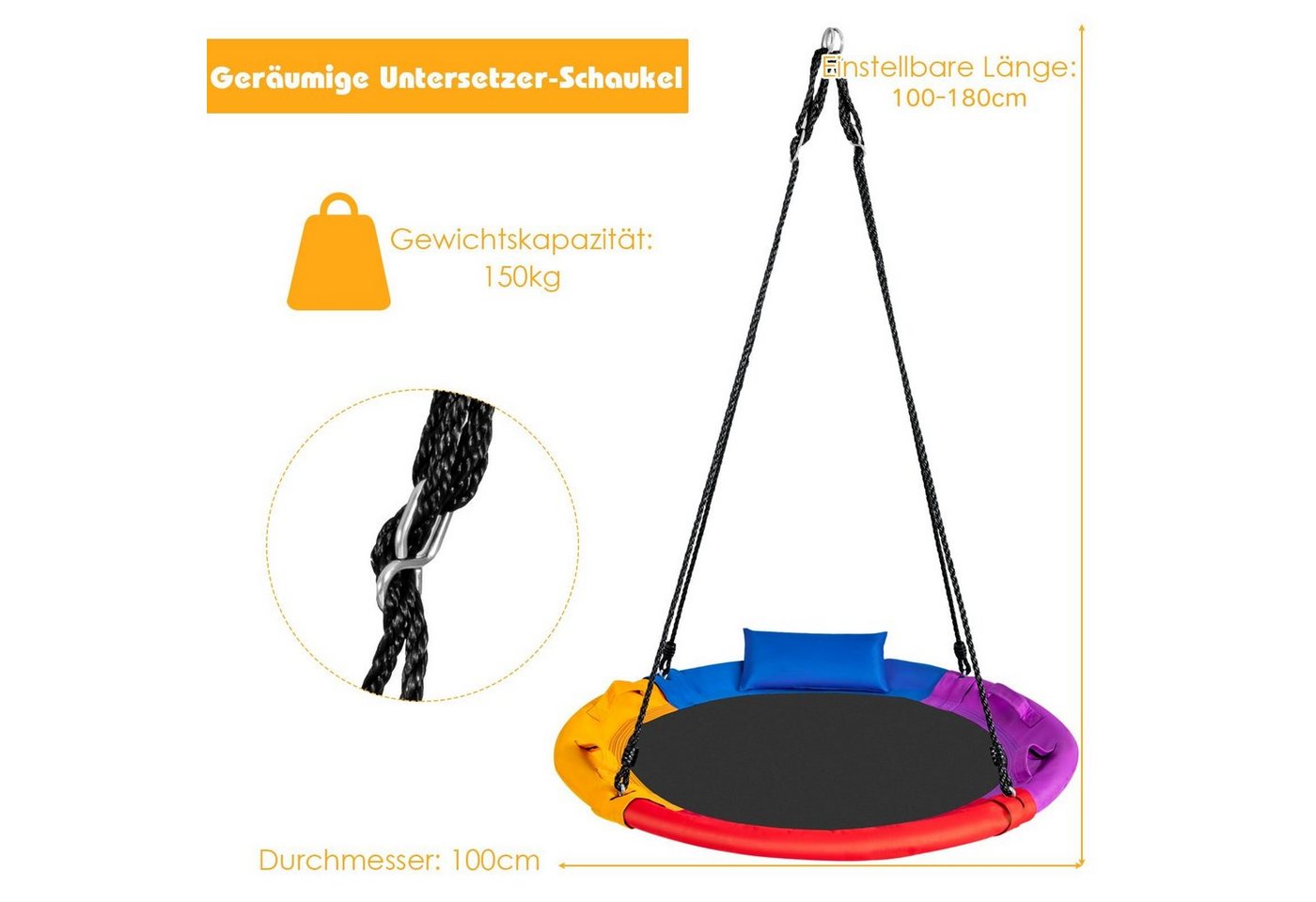 COSTWAY Einzelschaukel, (1-tlg), Nestschaukel, 100-160cm verstellbar, bis 150kg, für Indoor & Outdoor – Bild 2 von 5