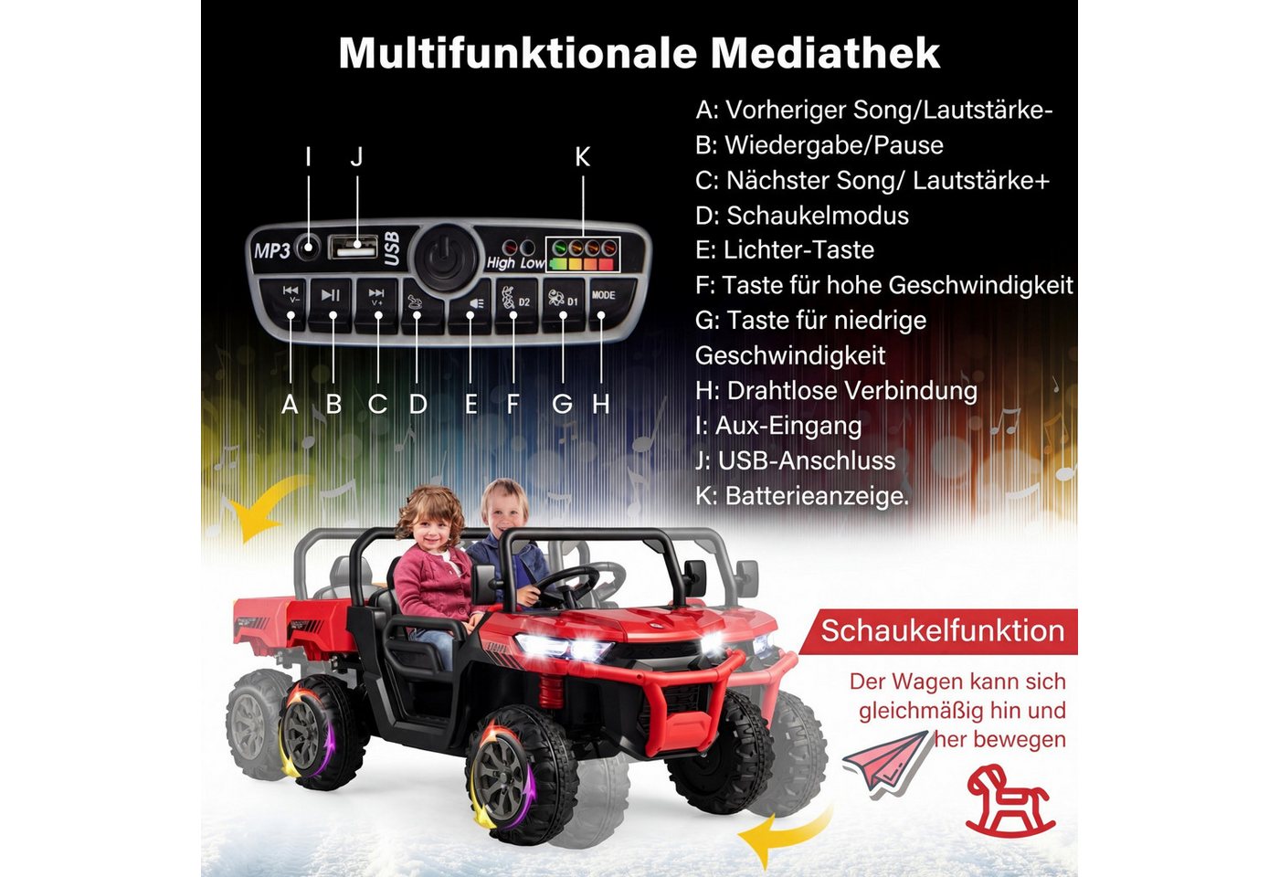 COSTWAY Elektro-Kinderauto 12V Kinderquad, 2 Sitzer Elektroauto, mit Musik, Hupe, 3-8 km/h – Bild 5 von 5