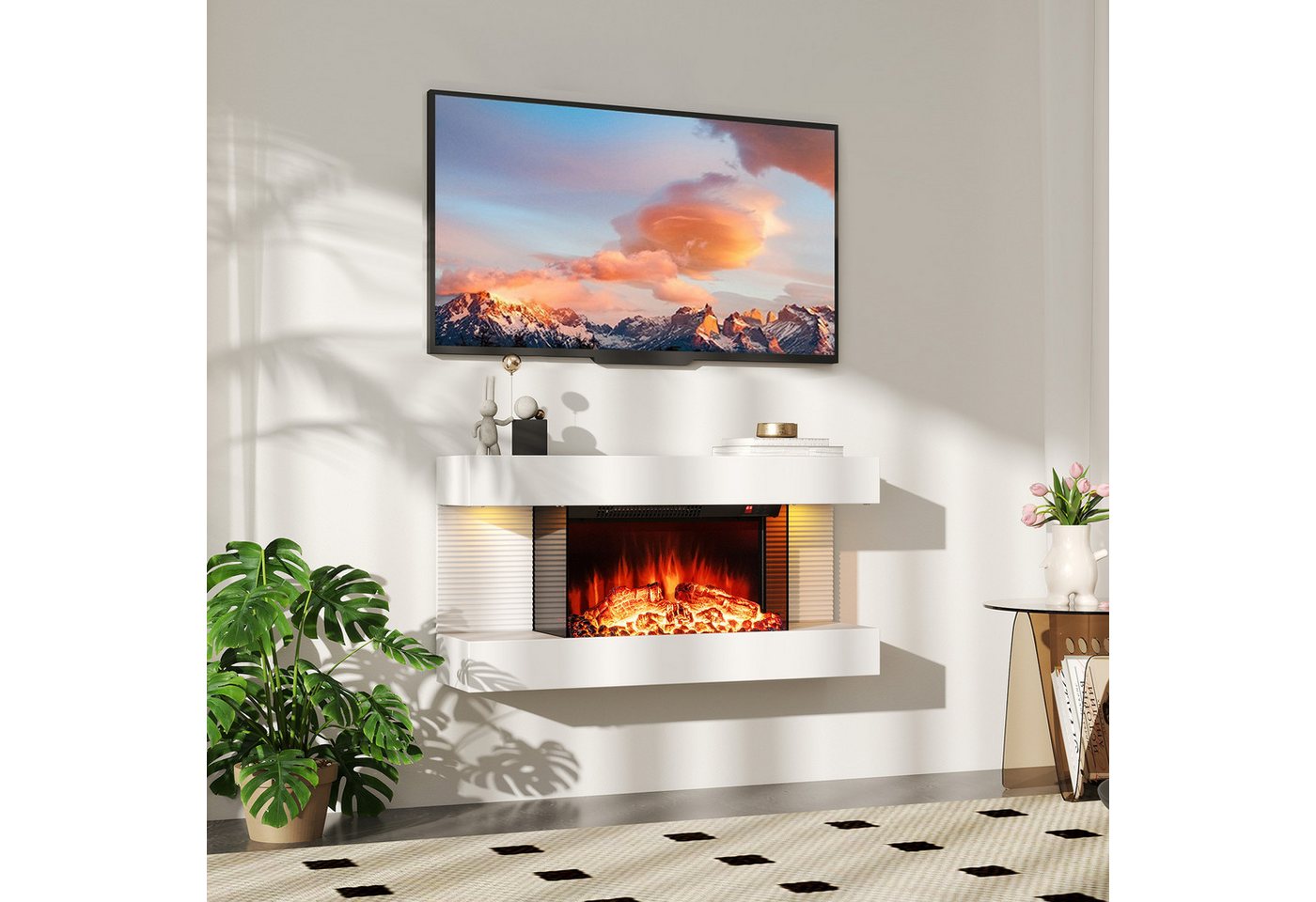 COSTWAY Elektrokamin schwebender Wandkamin 1500W / 5000BTU, mit Heizung & LED-Seitenlichtern, Fernbedienung – Bild 2 von 5