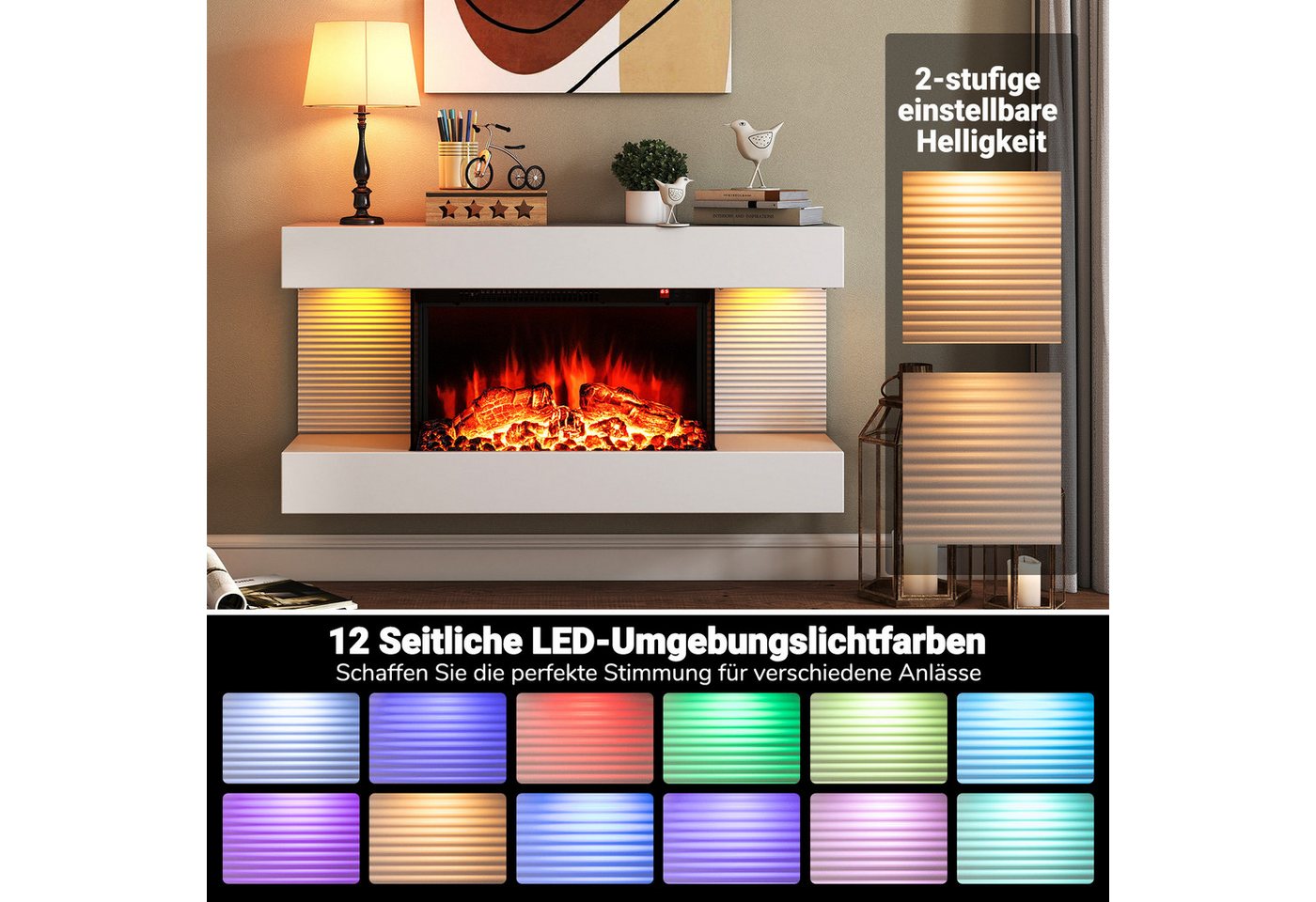 COSTWAY Elektrokamin schwebender Wandkamin 1500W / 5000BTU, mit Heizung & LED-Seitenlichtern, Fernbedienung – Bild 3 von 5