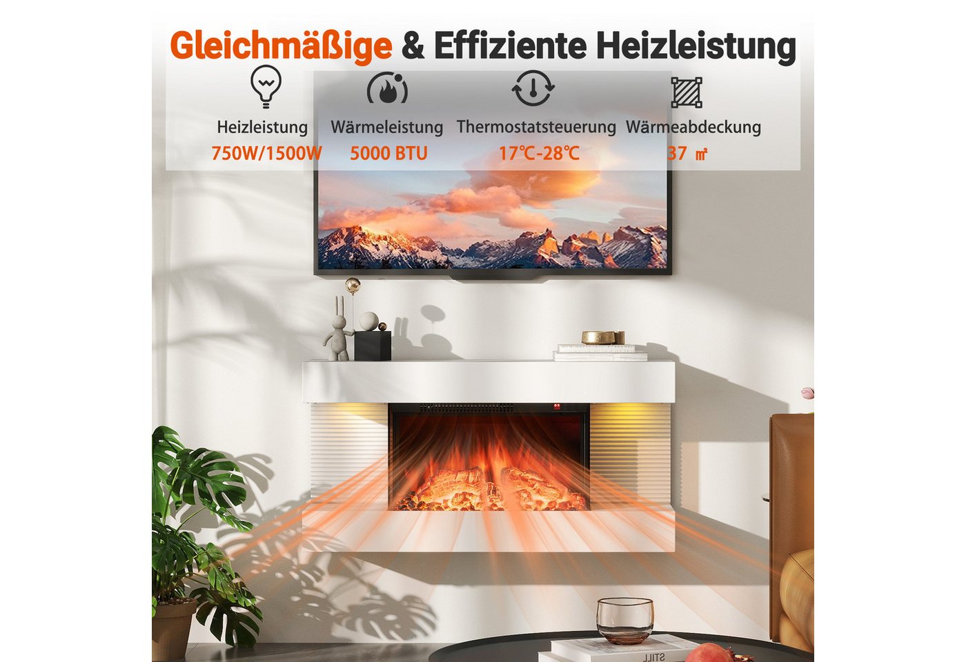COSTWAY Elektrokamin schwebender Wandkamin 1500W / 5000BTU, mit Heizung & LED-Seitenlichtern, Fernbedienung – Bild 5 von 5