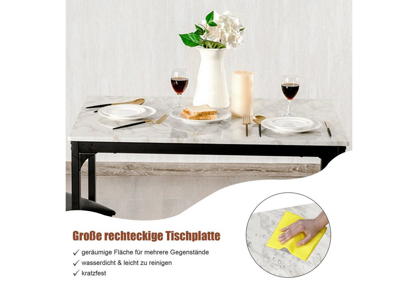 COSTWAY Essgruppe, 3 teilig, Esstisch mit 2 Stühlen, gepolstert, Metall – Bild 4 von 5