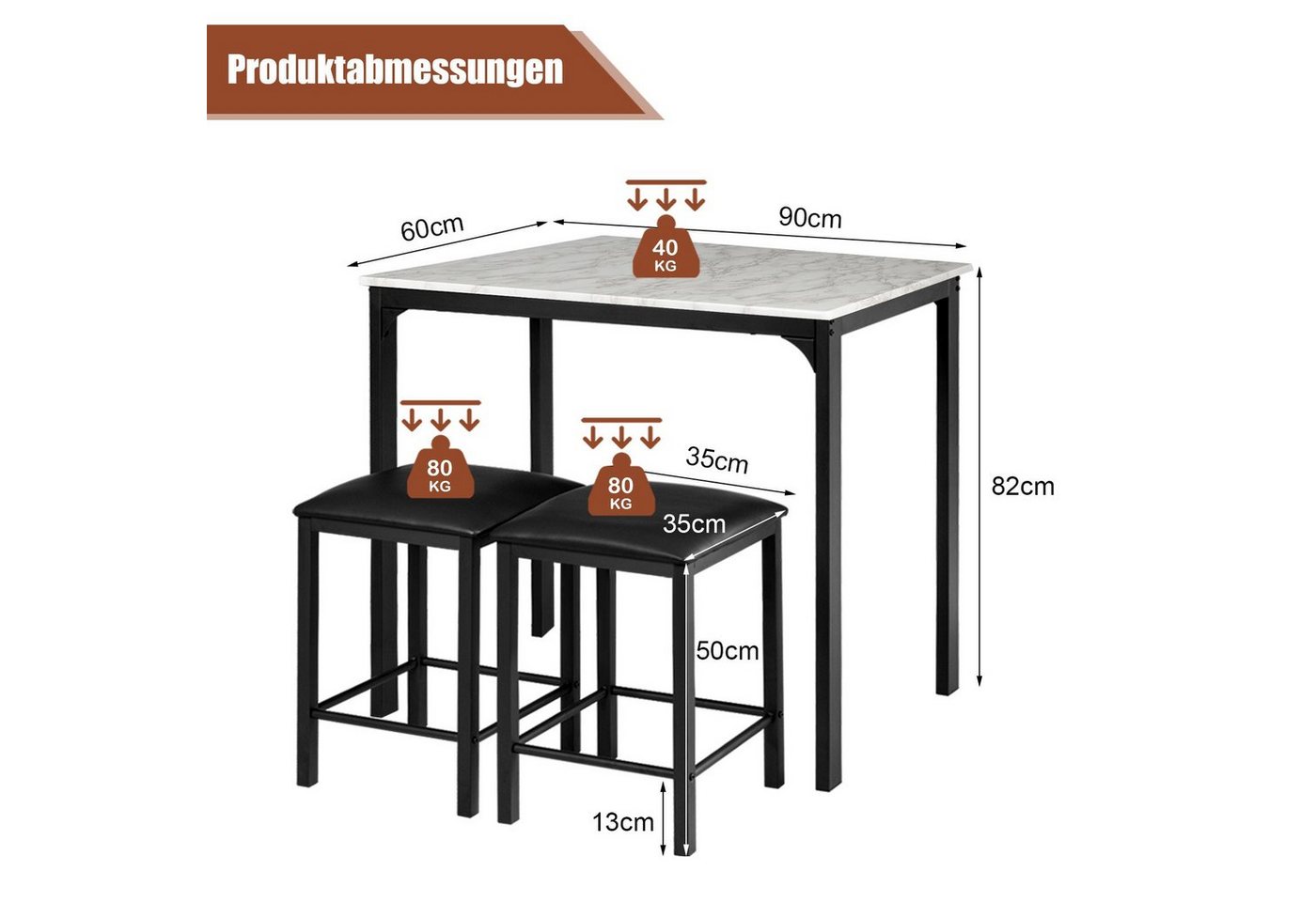 COSTWAY Essgruppe, 3 teilig, Esstisch mit 2 Stühlen, gepolstert, Metall – Bild 5 von 5