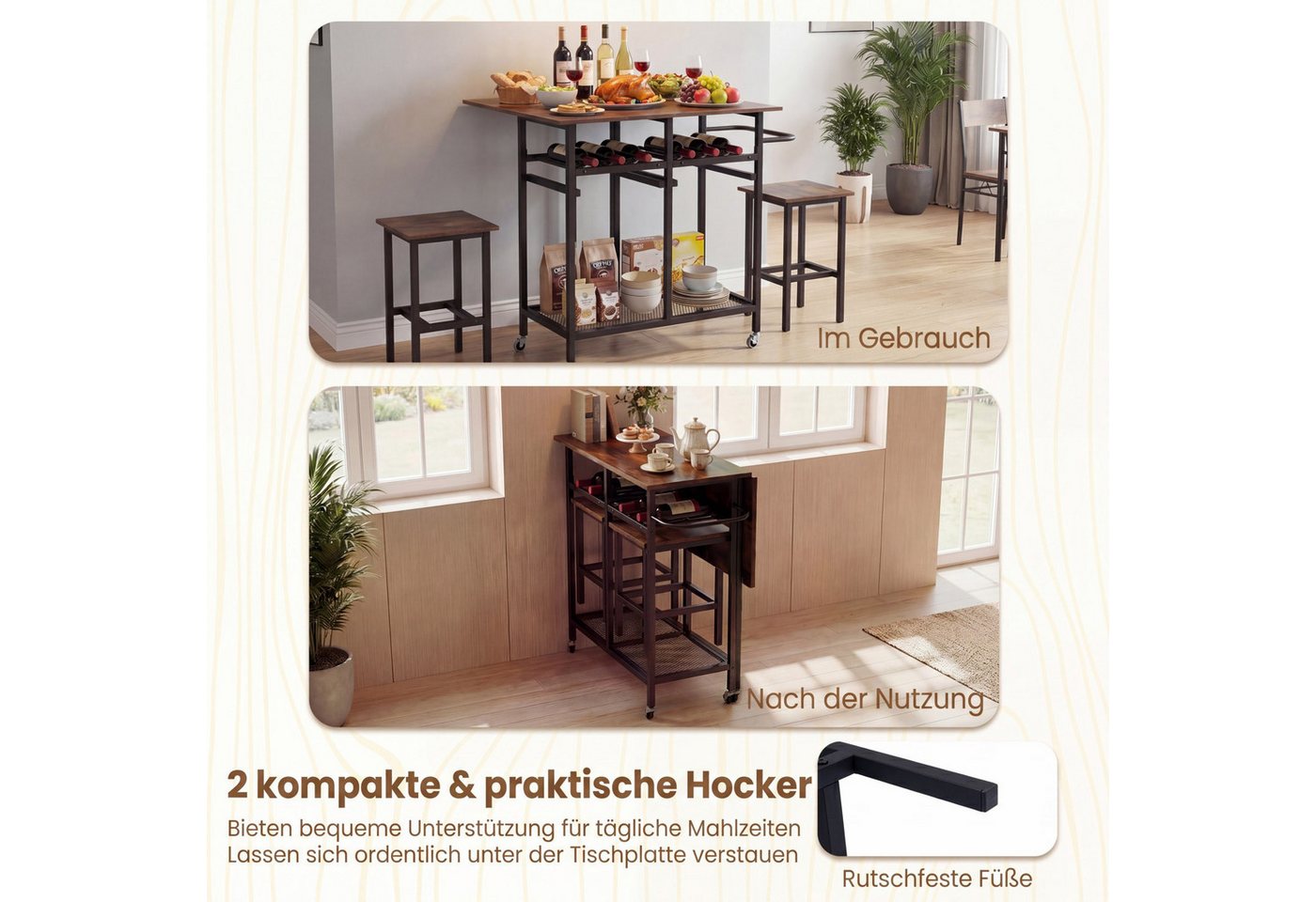COSTWAY Esstisch Set 3 tlg. mit 2 Hockern, klappbares Bartisch auf Rollen – Bild 2 von 5