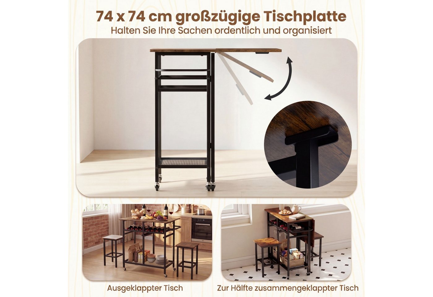 COSTWAY Esstisch Set 3 tlg. mit 2 Hockern, klappbares Bartisch auf Rollen – Bild 3 von 5