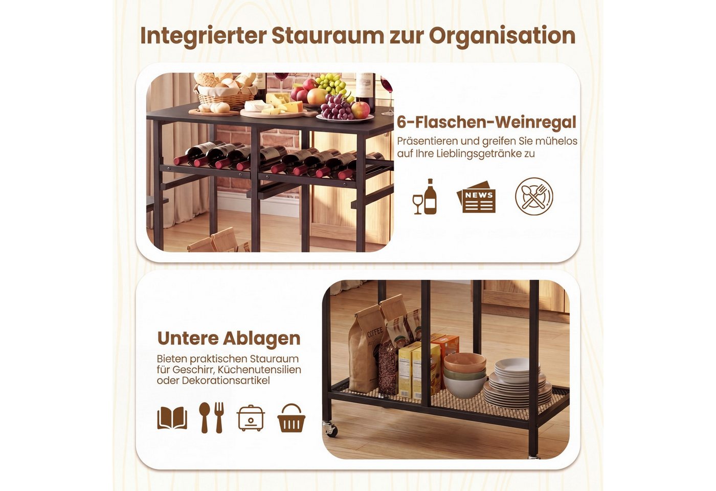 COSTWAY Esstisch Set 3 tlg. mit 2 Hockern, klappbares Bartisch auf Rollen – Bild 3 von 5