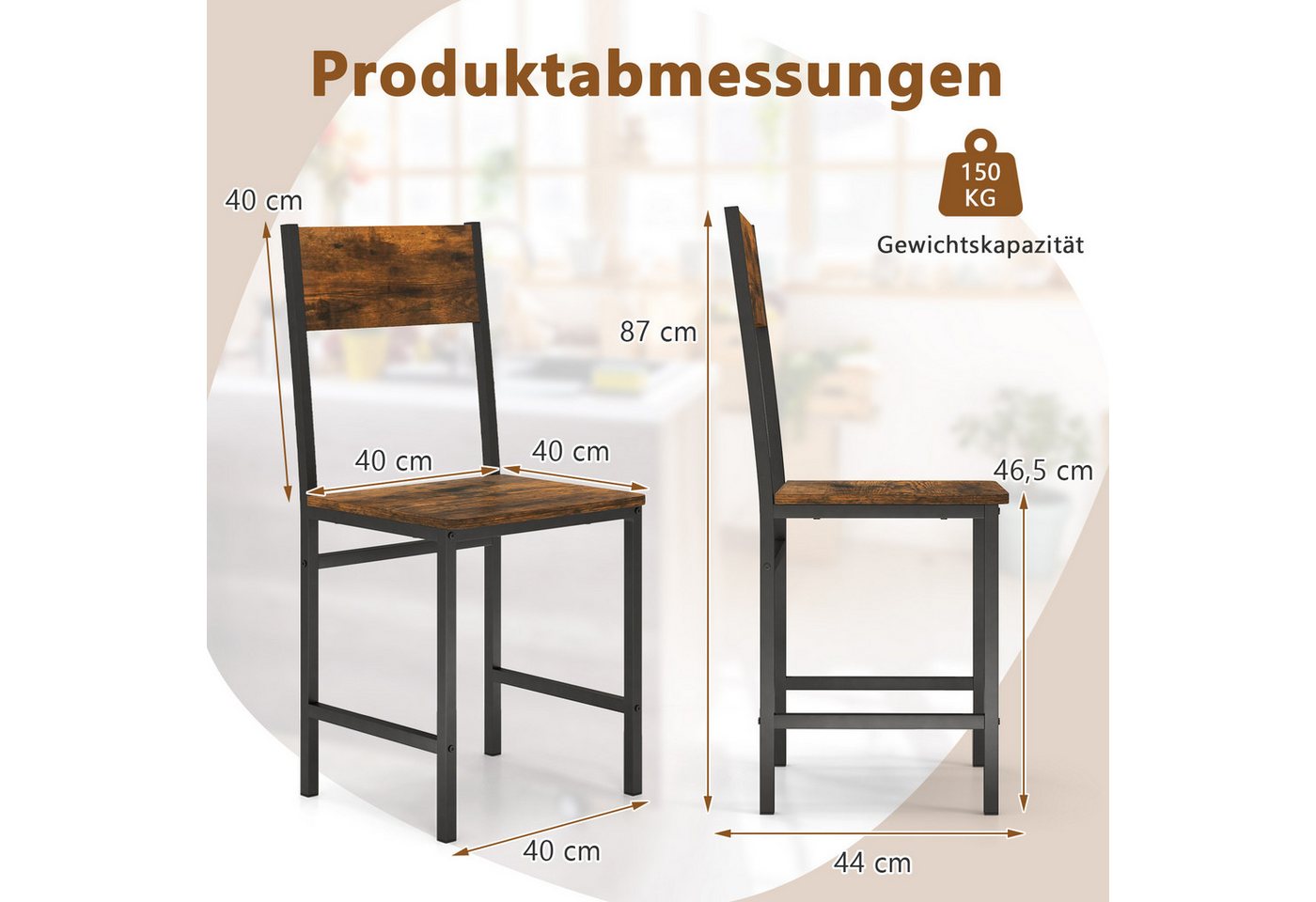 COSTWAY Esszimmerstuhl, 2er Set, bis 150 kg, mit Metallrahmen & Rückenlehne – Bild 3 von 5