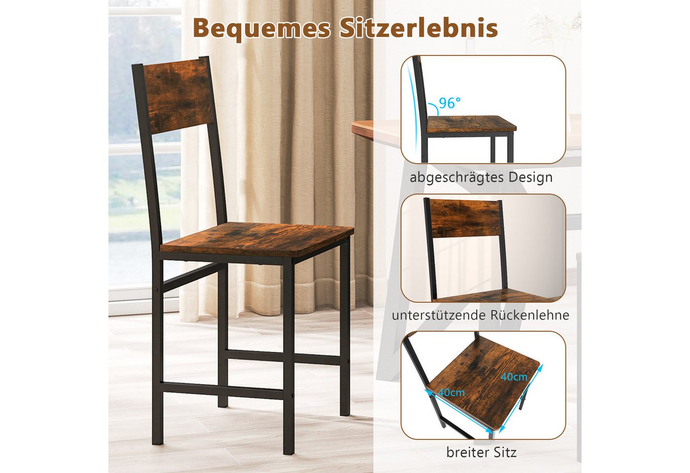 COSTWAY Esszimmerstuhl, 2er Set, bis 150 kg, mit Metallrahmen & Rückenlehne – Bild 4 von 5