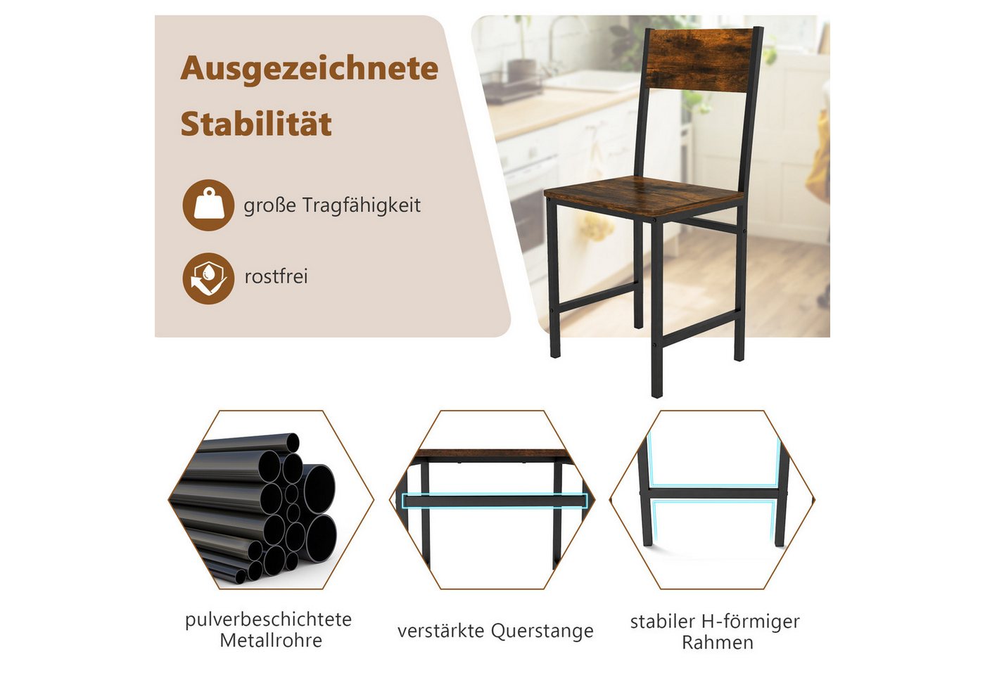 COSTWAY Esszimmerstuhl, 2er Set, bis 150 kg, mit Metallrahmen & Rückenlehne – Bild 5 von 5