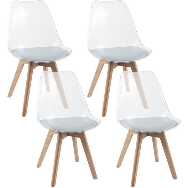 COSTWAY Esszimmerstuhl, 4er Set, gepolstert, transparent mit Massivholz Beine 150kg