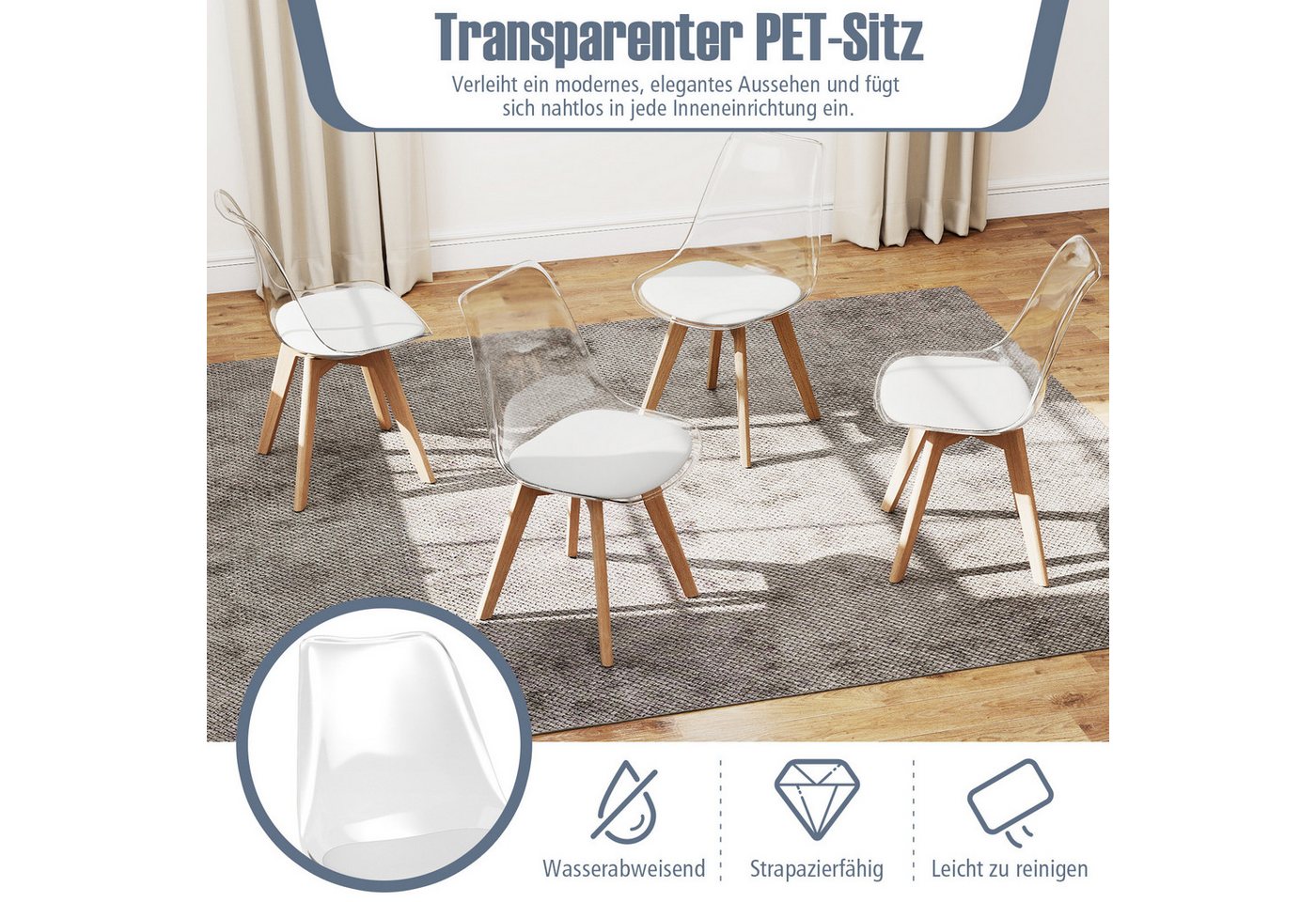 COSTWAY Esszimmerstuhl, 4er Set, gepolstert, transparent mit Massivholz Beine 150kg – Bild 2 von 5