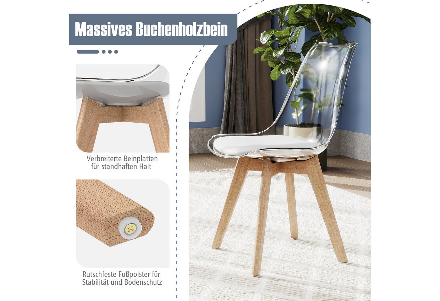 COSTWAY Esszimmerstuhl, 4er Set, gepolstert, transparent mit Massivholz Beine 150kg – Bild 3 von 5