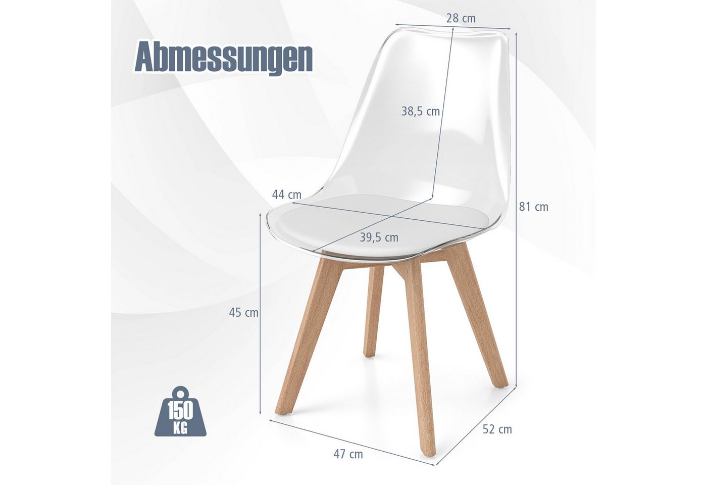 COSTWAY Esszimmerstuhl, 4er Set, gepolstert, transparent mit Massivholz Beine 150kg – Bild 5 von 5